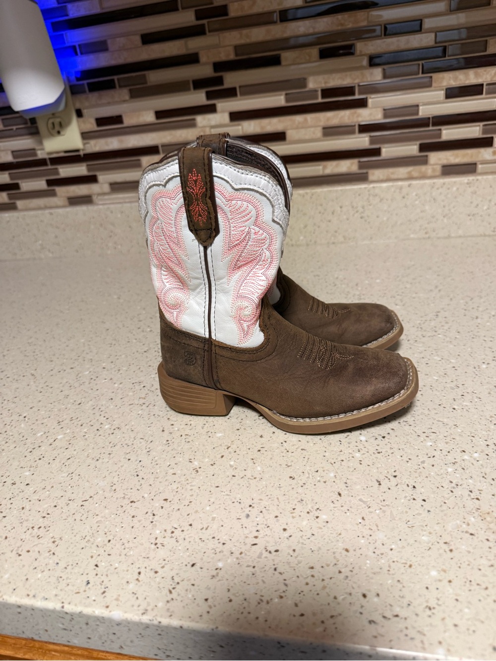 Durango Brown and White Kids Cowboy Boots with Pink Embroidery
